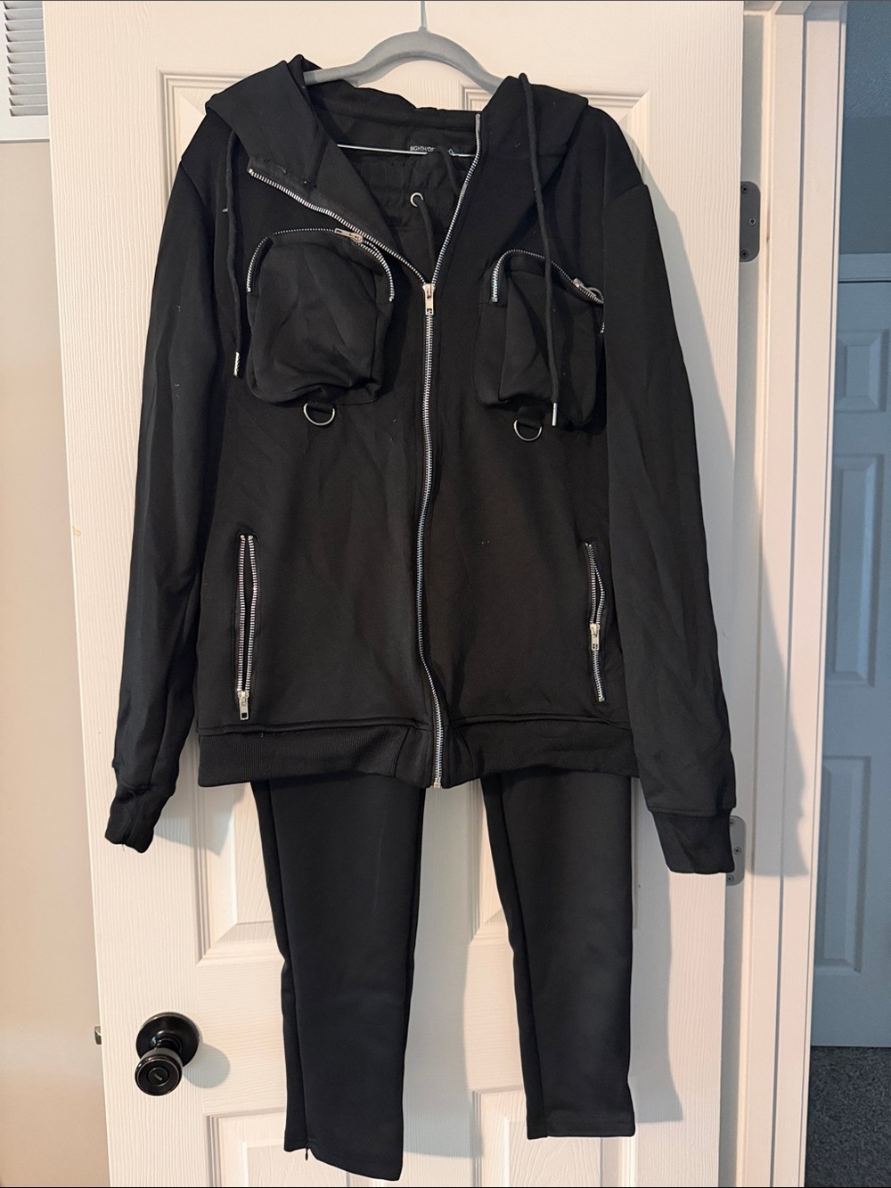 Black Hooded Bomber Jacket with Utility Pouches and matching track pants